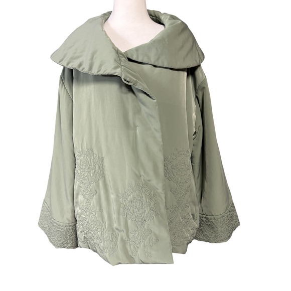 J. Jill Jackets & Blazers - J Jill Womens Large Green Embroidered Puffer Jacket Snap Front Collar